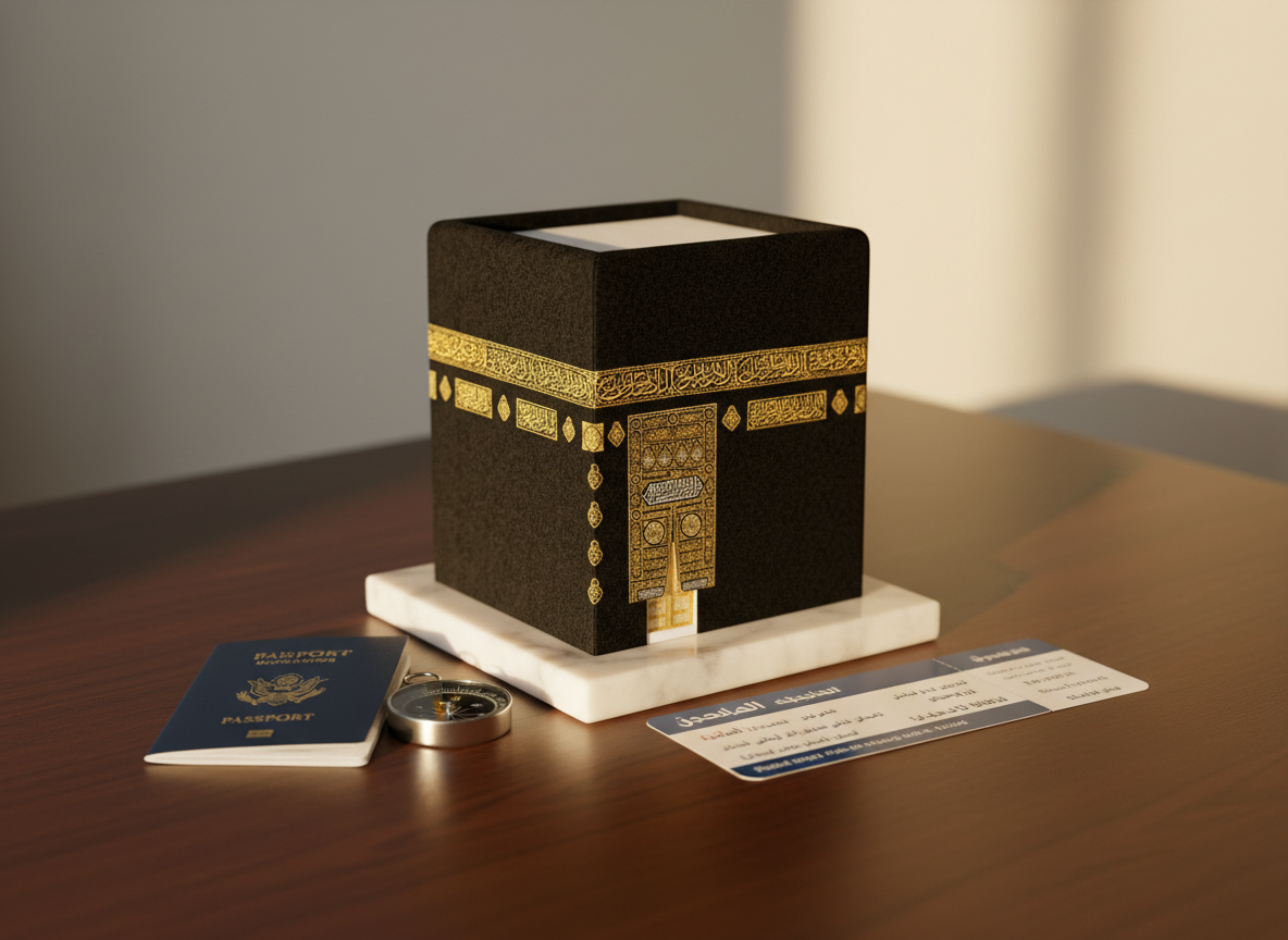 A high-resolution photographic image of an elegant Kaaba miniature model placed on a smooth, dark wooden table. The Kaaba replica has finely textured black cloth with detailed golden calligraphy and borders, resting on a polished marble base that reflects subtle highlights. Around it lie neatly arranged travel essentials: a closed, navy-blue passport, a simple silver compass, and a sleek, modern airplane ticket with Arabic text. Warm, late-afternoon light enters from the right, casting soft, elongated shadows and a gentle glow on the scene. Shot at eye level with a shallow depth of field, the background fades into a creamy bokeh of neutral tones, creating a calm, professional, and aspirational atmosphere suitable for a premium umroh service website.