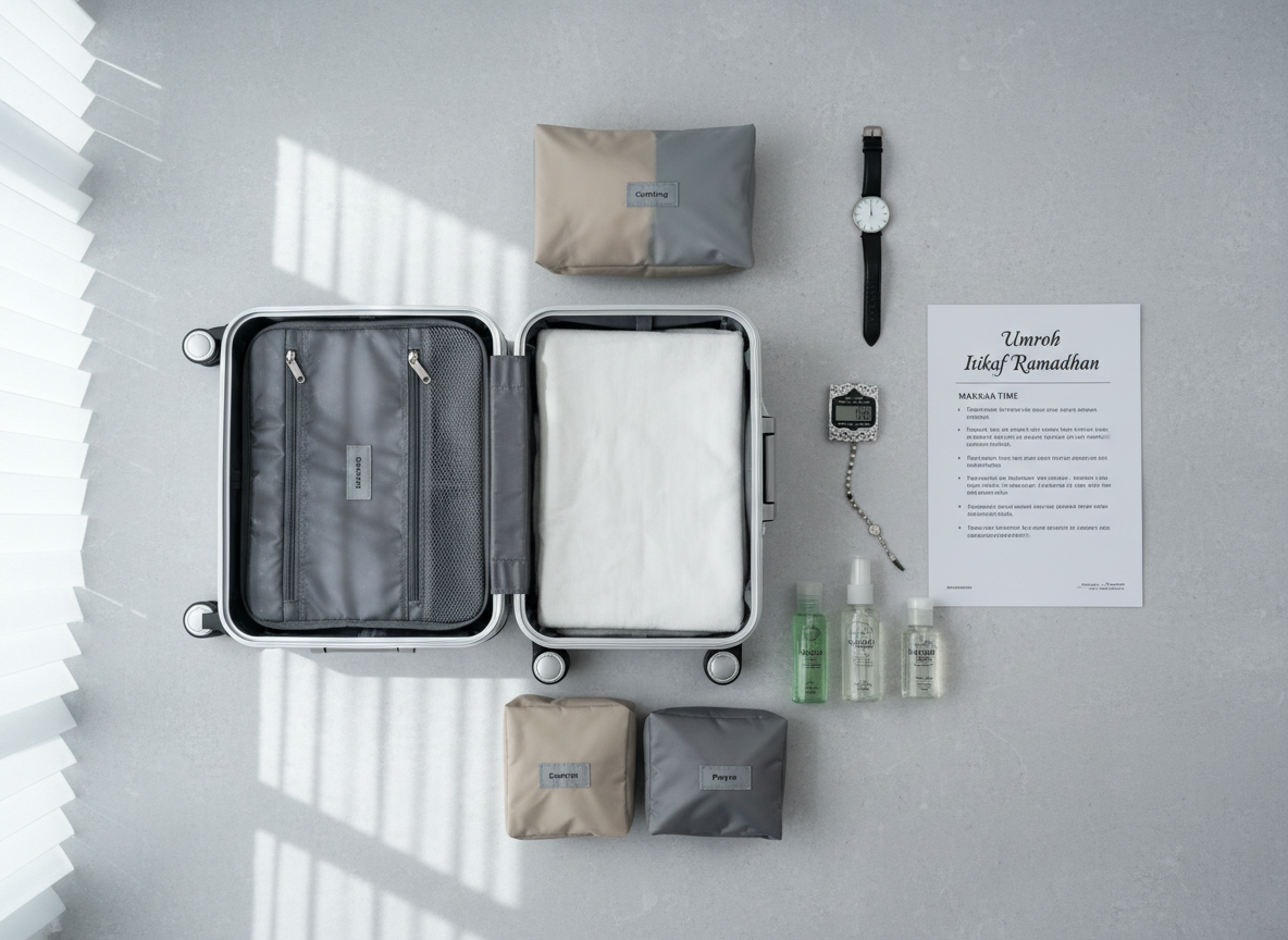 A detailed, photographic overhead view of a meticulously organized umroh travel flat lay on a clean, light-gray surface. At the center lies a compact, silver hard-shell suitcase partially open, revealing neatly folded white ihram cloth with visible soft cotton texture. Surrounding it are labeled packing cubes, a small digital tasbih, travel-sized toiletries in transparent bottles, a simple analog watch set to Makkah time, and a printed itinerary titled "Umroh Itikaf Ramadhan" in elegant typography. Cool, natural window light from the top left creates soft, even illumination with subtle, realistic shadows. The composition is carefully balanced with clear negative space, evoking professionalism, clarity, and readiness, ideal for explaining package inclusions and preparation tips on a business-focused umroh site.